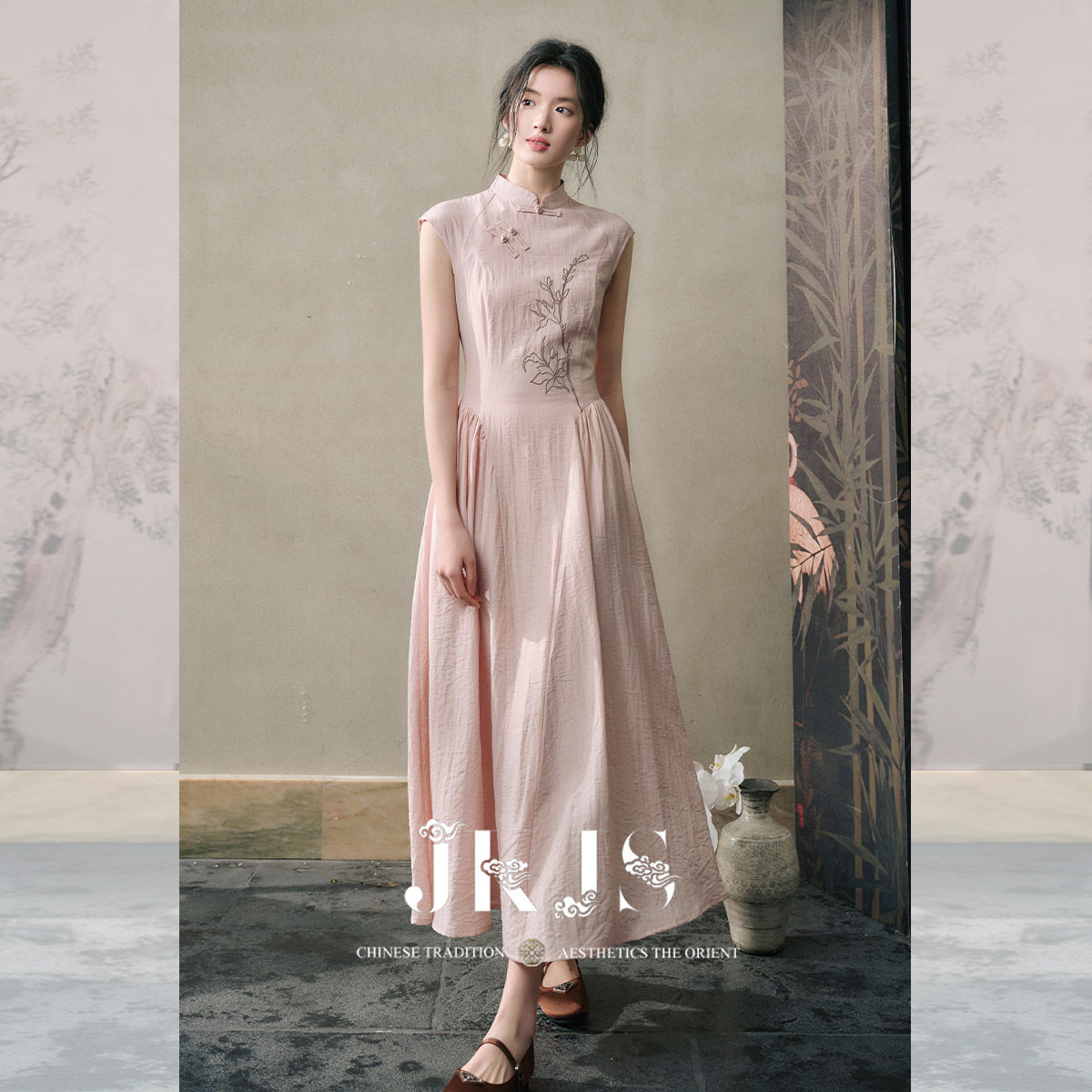 JKJS【月芙蕖】人丝亚麻连衣裙改良旗袍新中式长裙盘扣裙子女夏