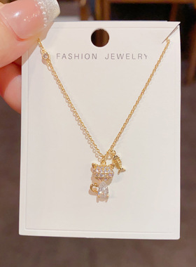 小众时尚可爱卡通满钻猫咪鱼骨吊坠项链轻奢简约百搭设计感锁骨链