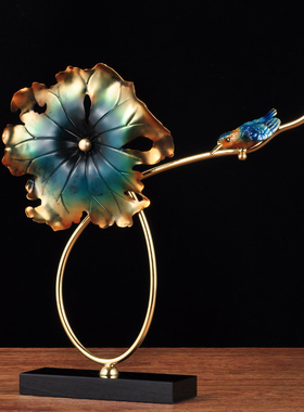 黄铜荷叶翠鸟摆件新中式客厅