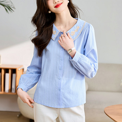 洋气纯棉刺绣长袖衬衫女2026春秋新款时尚上衣百搭娃娃领别致小衫 - 图2