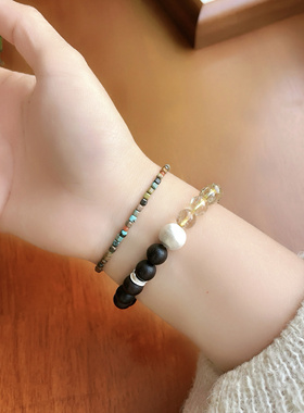 2.5mm天然原矿松石手链s925纯银细手链复古风百搭小众手串可叠戴