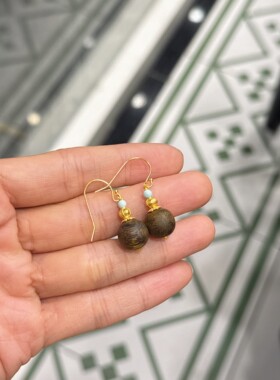 天然沉香圆珠耳环耳坠925银