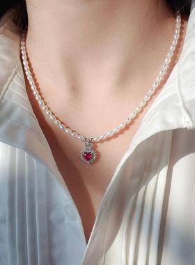 小珍珠红宝石爱心项链送朋友礼物