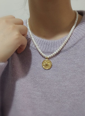 复古圆牌金币珍珠项链手链套装