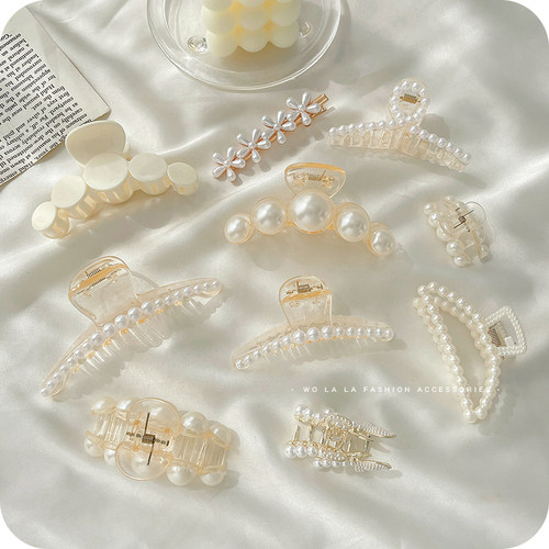 金属珍珠抓夹女简约大号鲨鱼夹子头饰发夹后脑勺发卡ins风夏气质 - 图0