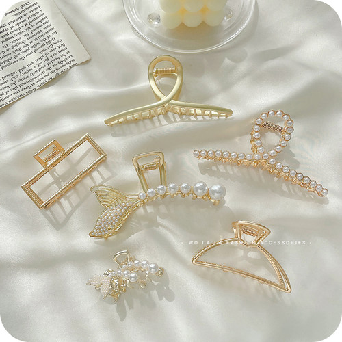 金属珍珠抓夹女简约大号鲨鱼夹子头饰发夹后脑勺发卡ins风夏气质 - 图2