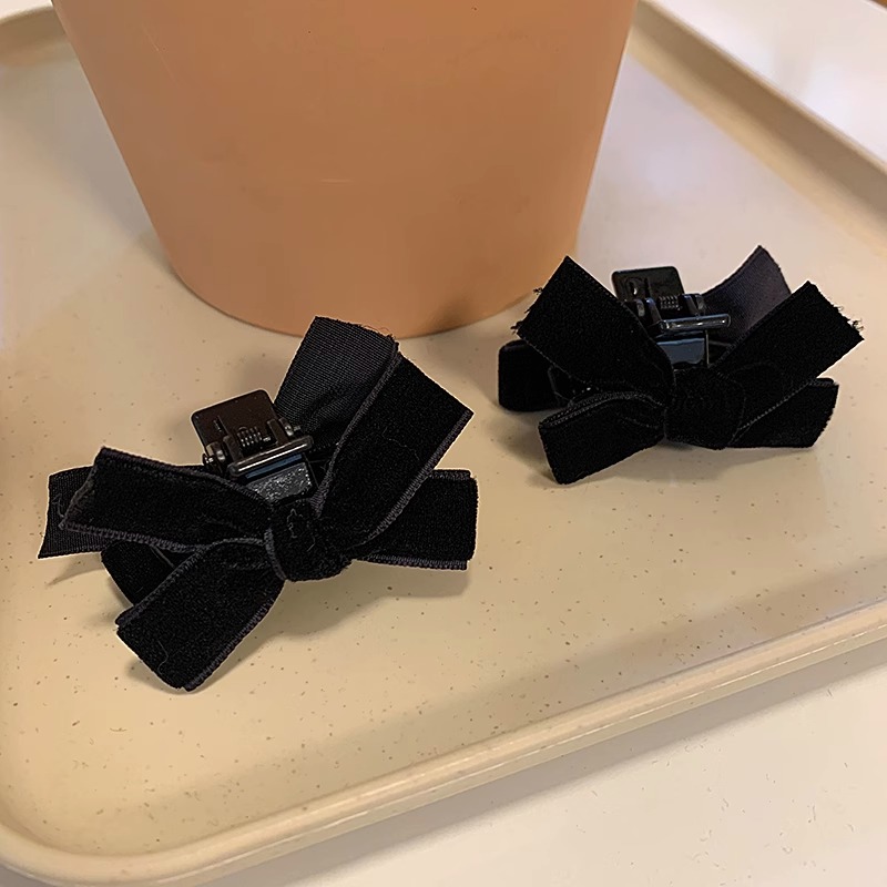 黑色丝绒蝴蝶结发夹女高级感侧边刘海夹公主头小抓夹夹子头饰发卡 - 图1