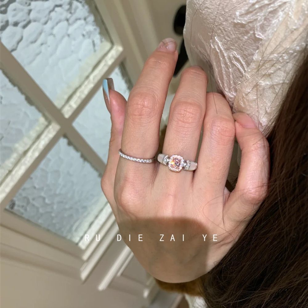 Kuning middle-aged vintage zircon sugar cube ring pink socialite style daughter high-end light luxury open ring