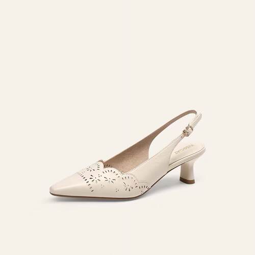 KISSCAT接吻猫2026真皮镂空雕花尖头后空低跟单鞋通勤KA65313-11 - 图3