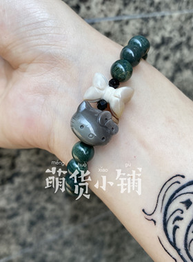 萌货小铺原创DIY俏色kt蝴蝶结墨绿色然阿拉善玛瑙手链手串礼物