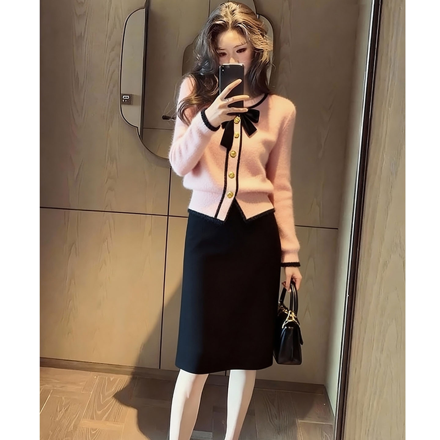 2025新款秋冬小香风蝴蝶结粉色毛衣针织开衫女慵懒风半身裙两件套 - 图0