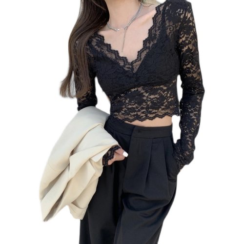 性感v领蕾丝打底衫女士2022年新款春秋季短款内搭长袖小衫上衣潮 - 图3