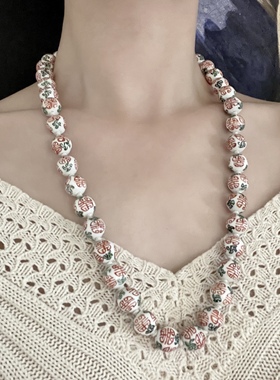 创汇期手绘瓷珠项链古董首饰