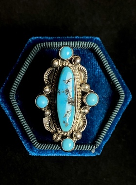 欧美孤品古董首饰 925纯银天然睡美人绿松石戒指 设计师手工银饰