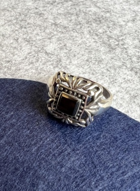 欧美vintage古董首饰中古饰品925银黑玛瑙戒指20号中古银饰