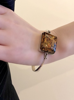 欧美设计师手工老银饰孤品古董首饰925纯银天然琥珀花珀手镯手链