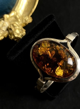 欧美孤品古董首饰vintage老银饰925纯银天然琥珀花珀蜜蜡手镯手链