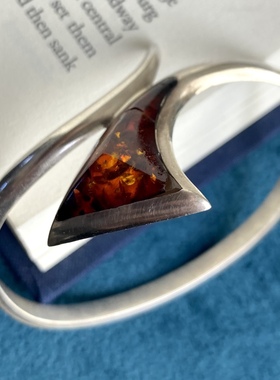 欧美设计师孤品古董首饰中古老银饰925纯银天然花珀琥珀手镯微瑕