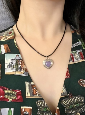 欧美vintage古董首饰中古饰品手工银饰925银紫色玉石心形吊坠项链