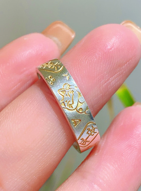 足银999.9描金平安喜乐吉言招财猫内刻心经戒指送女友情人节礼物