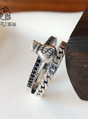 纯银925复古钱袋开口戒指招财福袋聚财百搭活口食指指环小众女款
