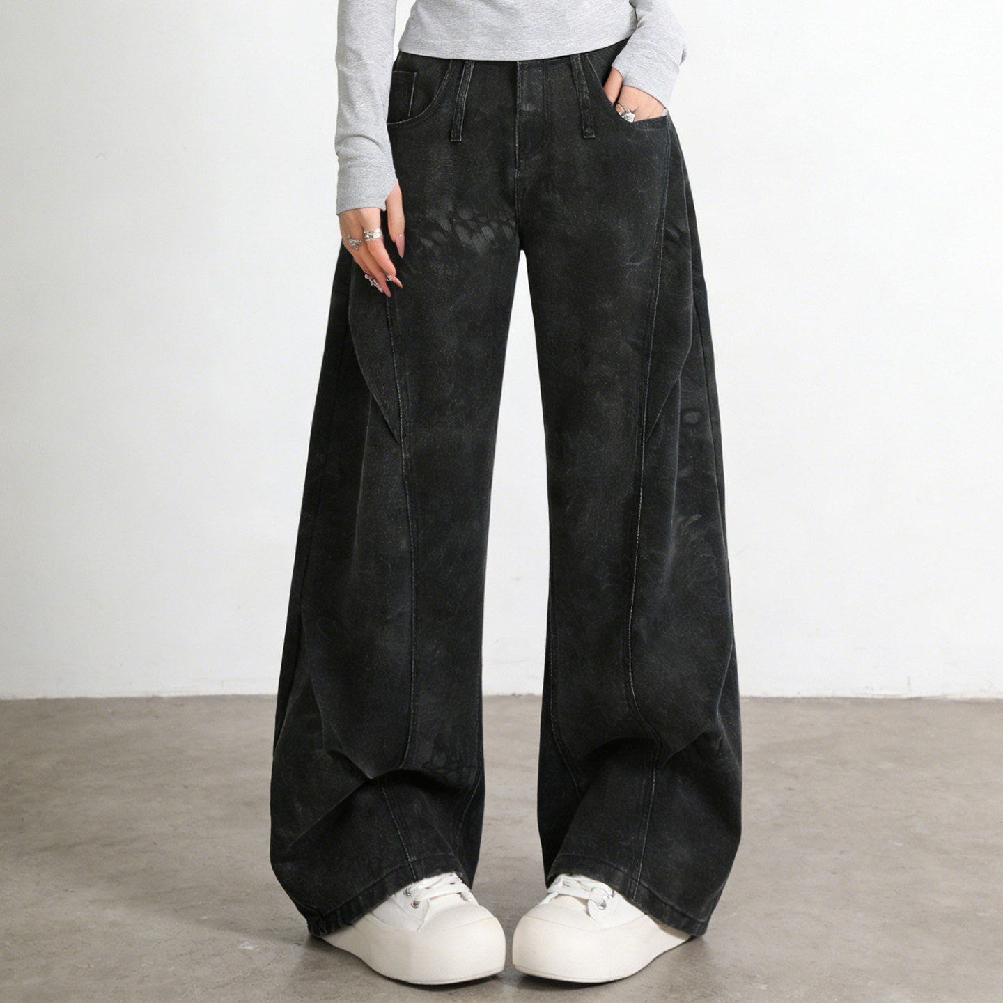 大码胖mm复古辣妹酷飒风高腰阔腿牛仔裤女黑色宽松显瘦直筒拖地裤,淘宝优惠券,粉丝福利购,淘宝优惠卷