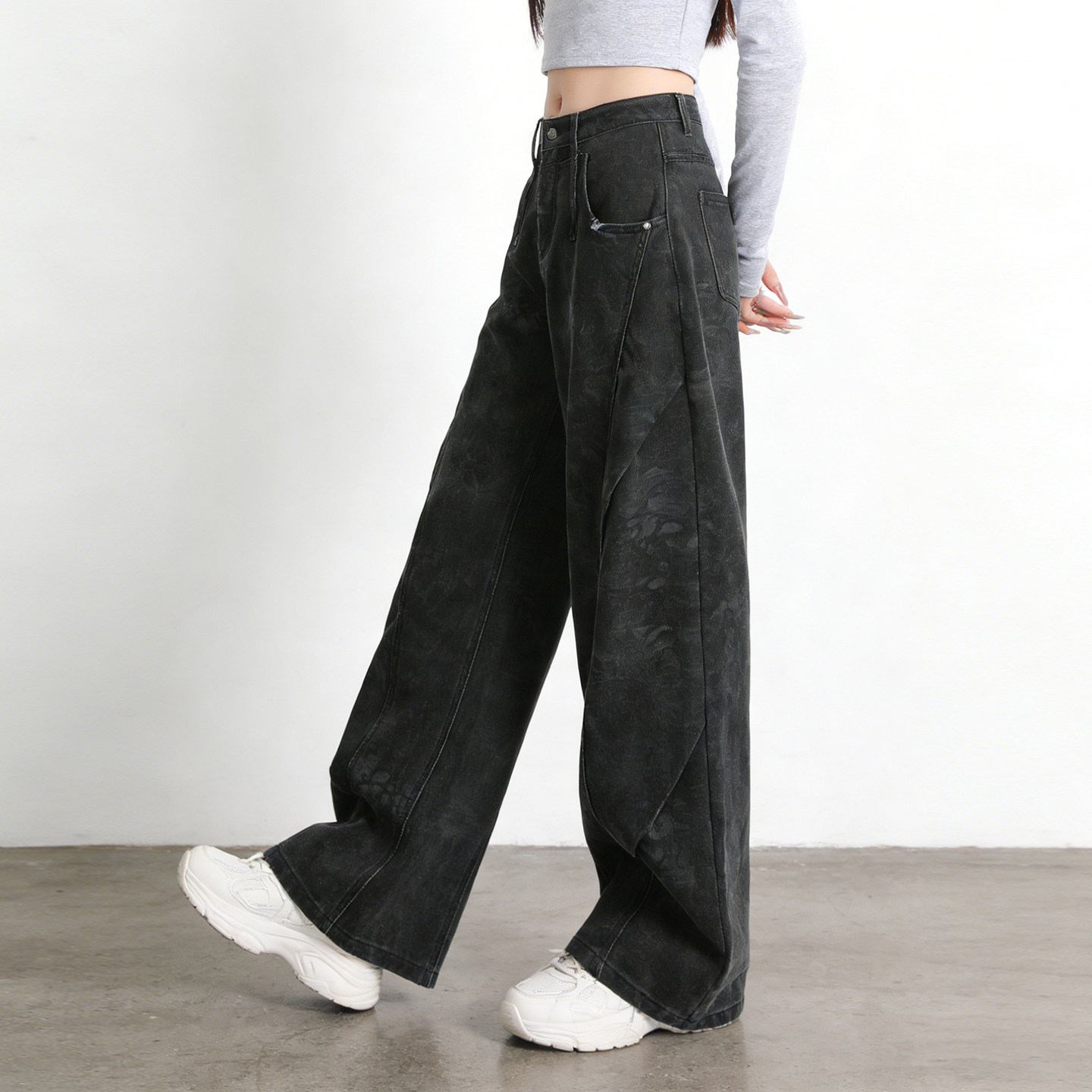 大码胖mm复古辣妹酷飒风高腰阔腿牛仔裤女黑色宽松显瘦直筒拖地裤,淘宝优惠券,粉丝福利购,淘宝优惠卷