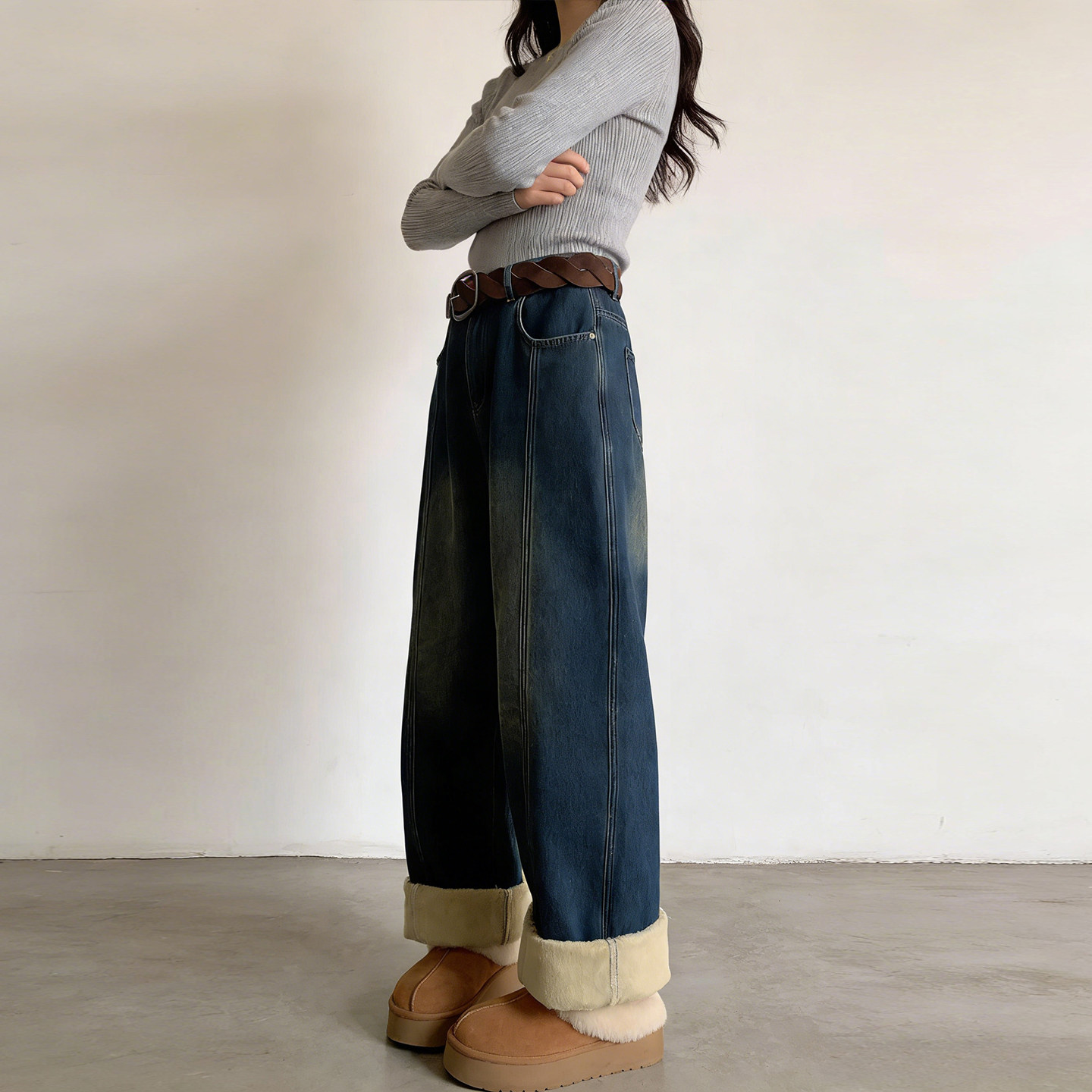 大码胖mm秋冬宽松加绒加厚高腰牛仔裤女宽松显瘦保暖阔腿弯刀裤子,淘宝优惠券,粉丝福利购,淘宝优惠卷