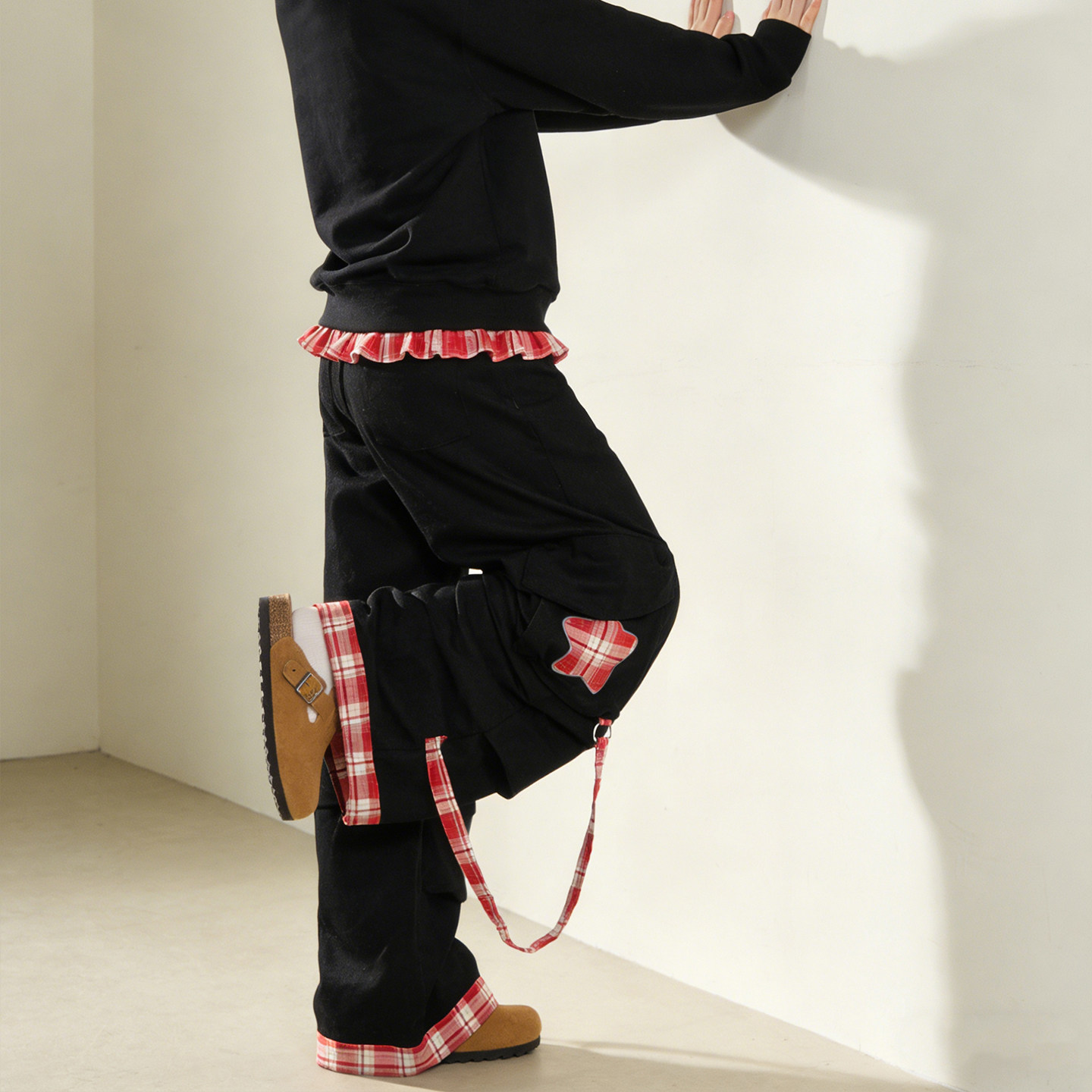 大码胖mm趣味星星刺绣大口袋工装牛仔裤女宽松撞色格子翻边阔腿裤,淘宝优惠券,粉丝福利购,淘宝优惠卷