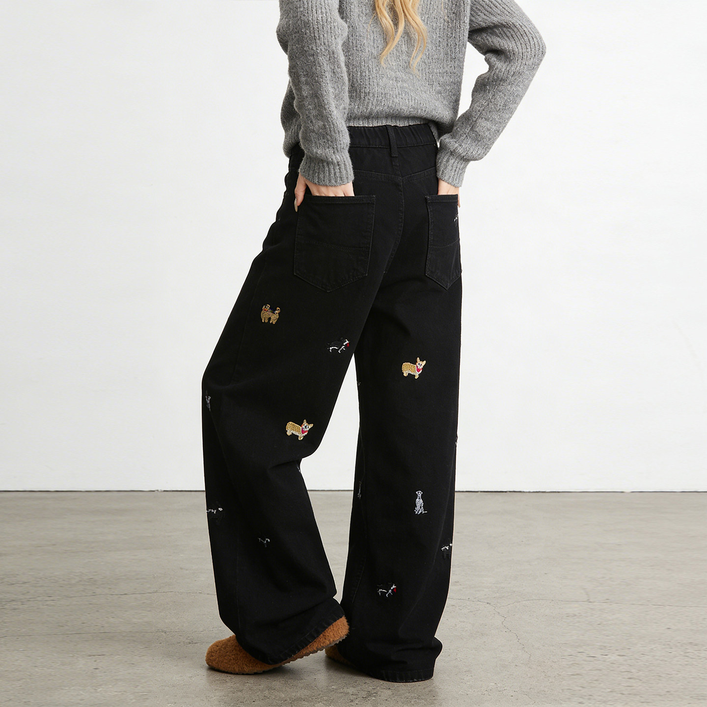 大码胖mm童趣卡通刺绣阔腿牛仔裤女加绒加厚可爱设计感保暖直筒裤,淘宝优惠券,粉丝福利购,淘宝优惠卷