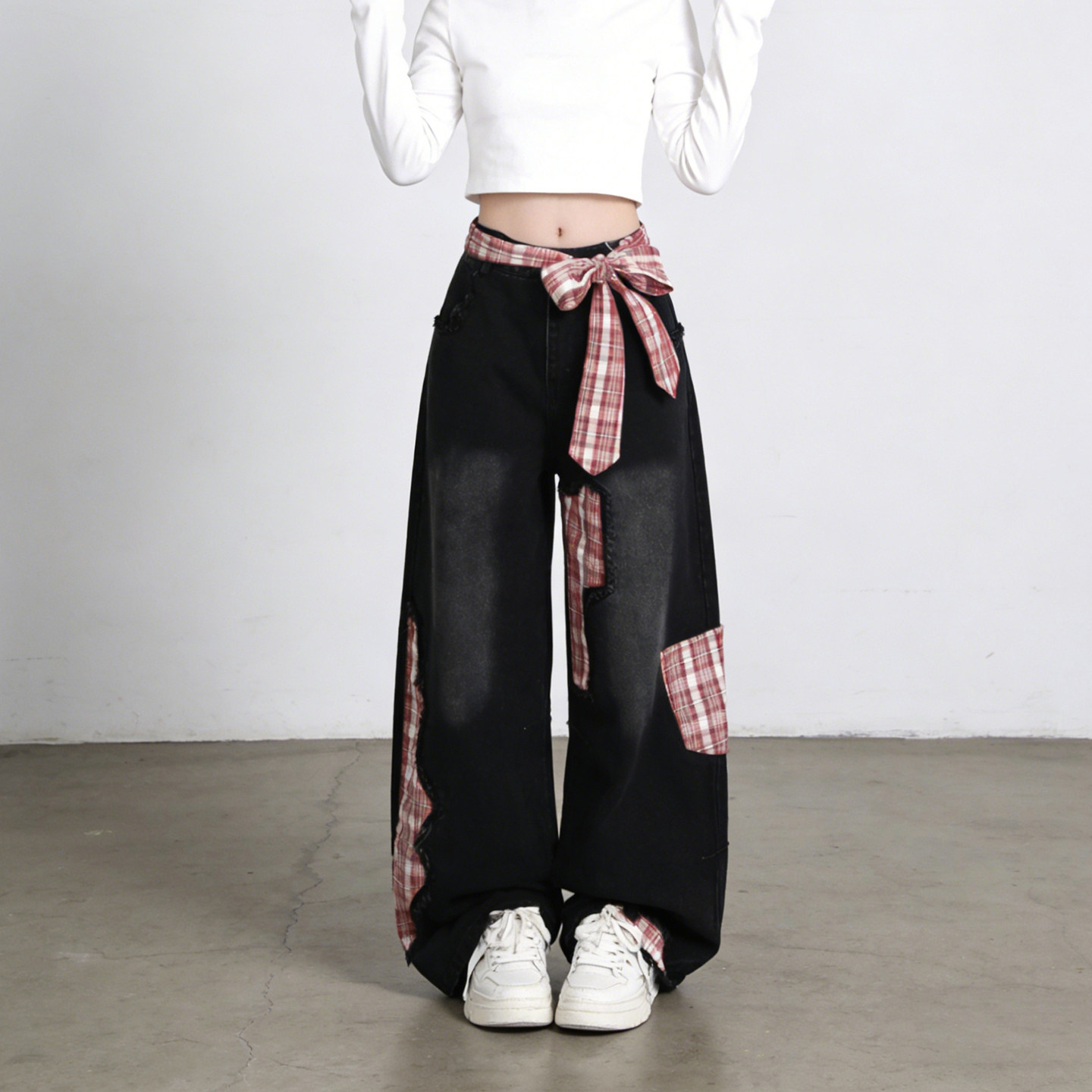 2026春季大码胖mm甜酷少女蝴蝶结绑带格子拼接牛仔裤女显瘦阔腿裤,淘宝优惠券,粉丝福利购,淘宝优惠卷