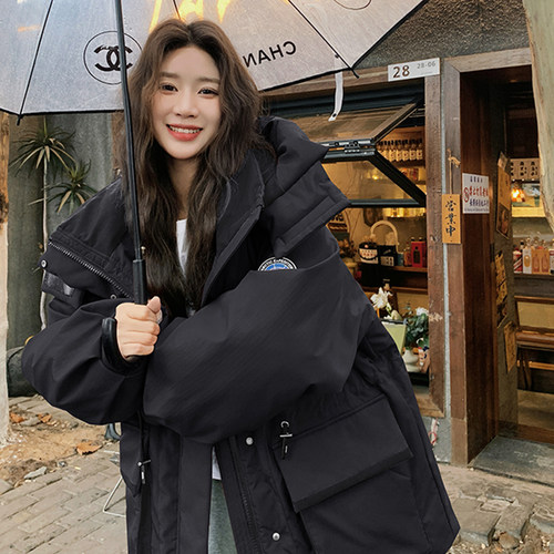 大码女装胖mm红色加厚连帽工装棉服女宽松保暖外套高级感冬季棉袄 - 图2