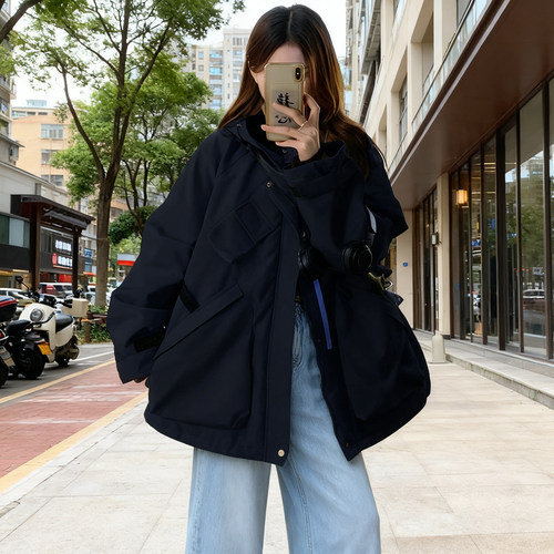 冬季大码胖mm工装连帽冲锋衣女夹棉加厚保暖宽松显瘦棉衣棉服外套 - 图3