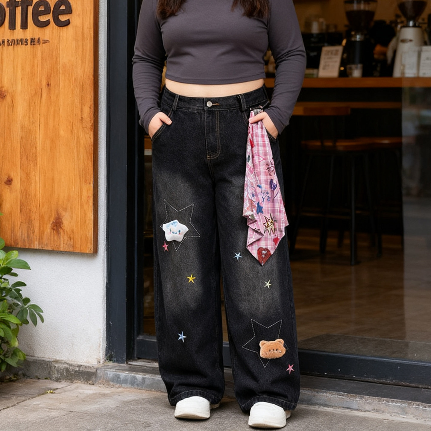 2025秋季大码胖mm星星小熊刺绣牛仔裤女宽松显瘦直筒设计感阔腿裤,淘宝优惠券,粉丝福利购,淘宝优惠卷