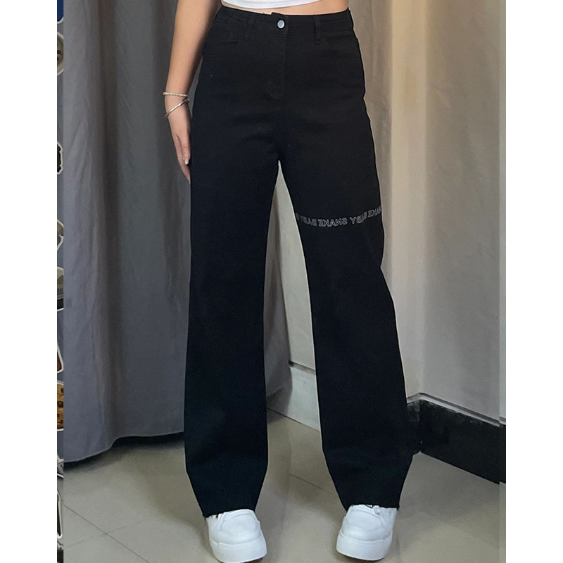 胖mm大码小个子高腰垂感字母刺绣牛仔裤女设计感直筒宽松阔腿长裤 - 图1