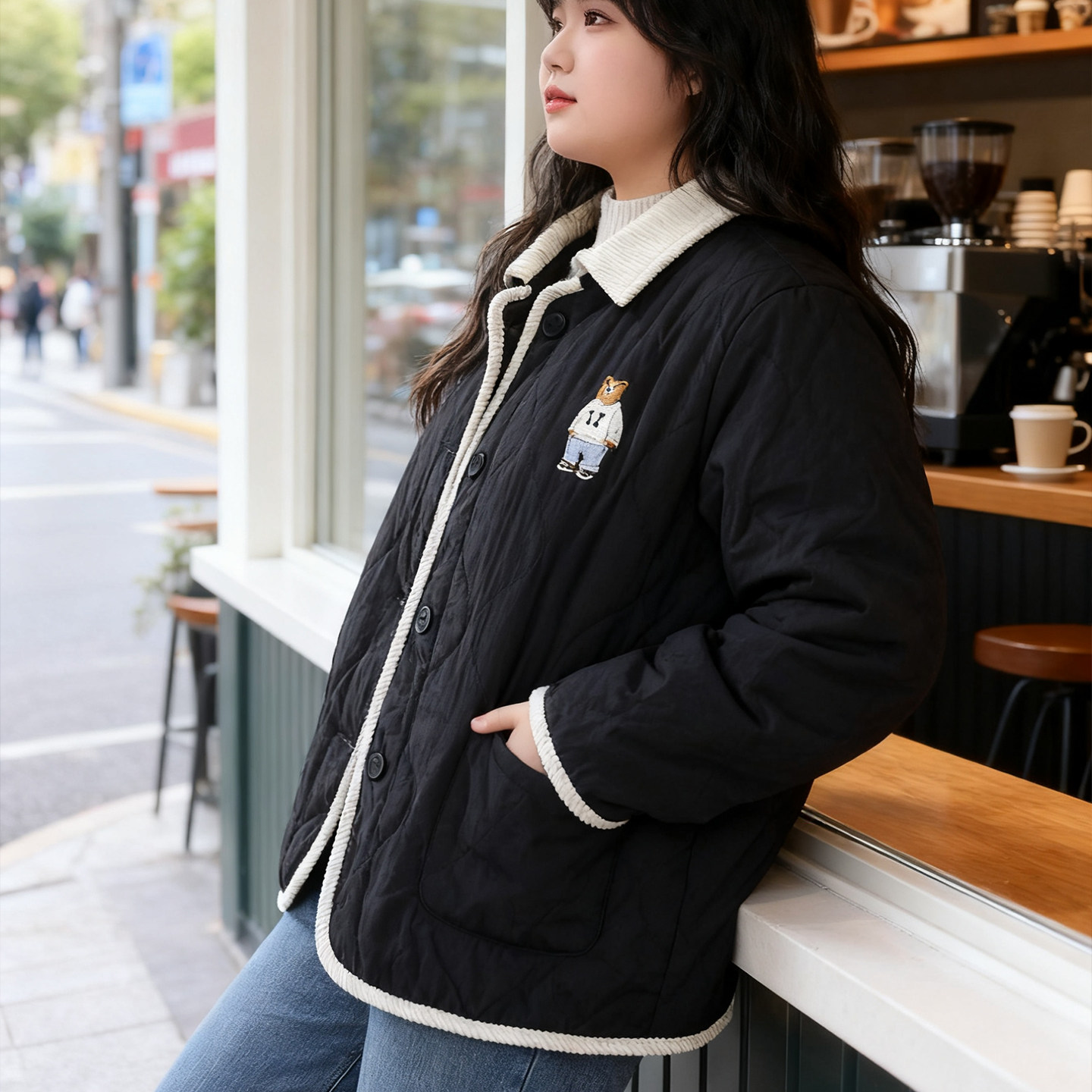 2025秋冬季大码女装胖mm小熊刺绣菱格棉服外套女宽松显瘦保暖棉衣,淘宝优惠券,粉丝福利购,淘宝优惠卷