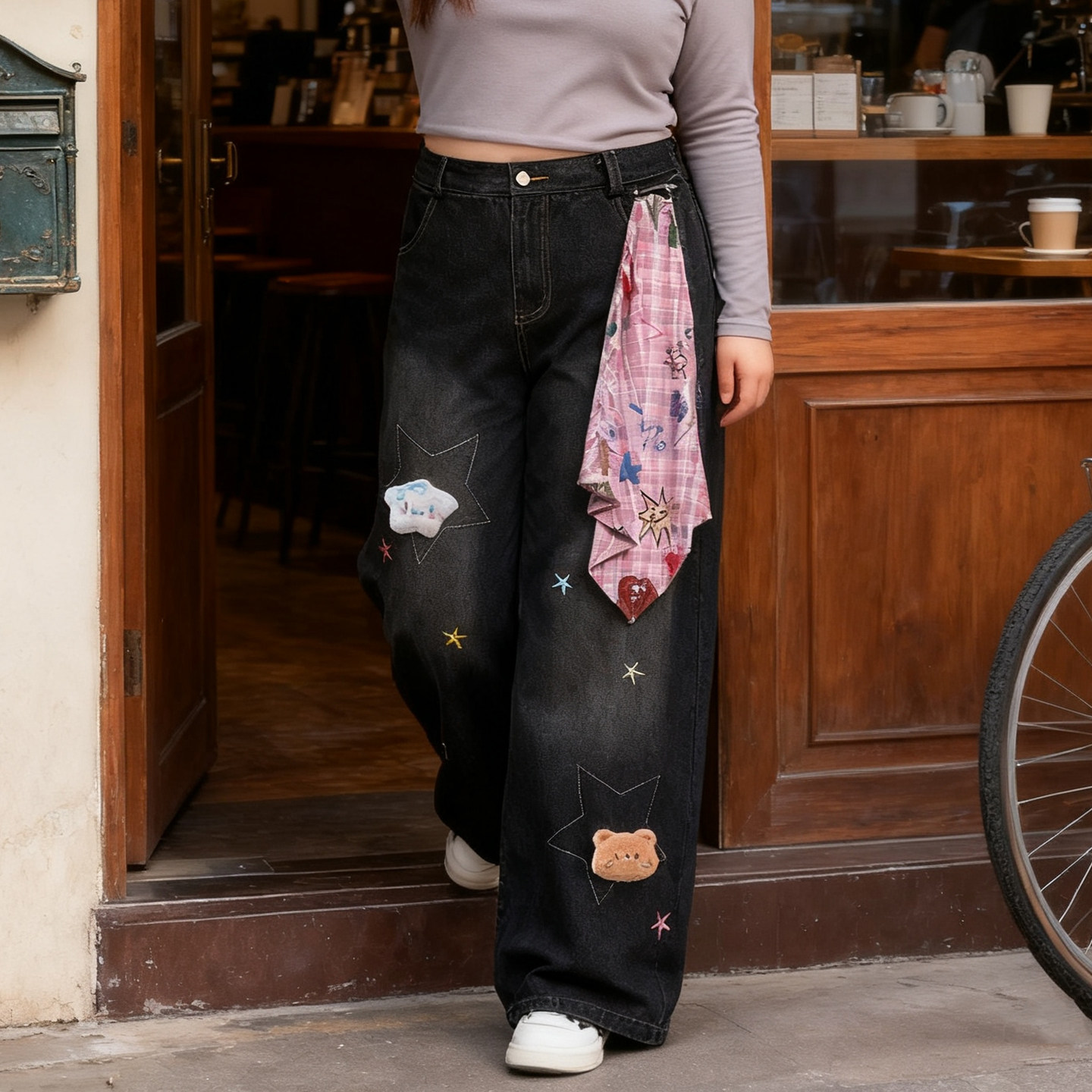 2025秋季大码胖mm星星小熊刺绣牛仔裤女宽松显瘦直筒设计感阔腿裤,淘宝优惠券,粉丝福利购,淘宝优惠卷