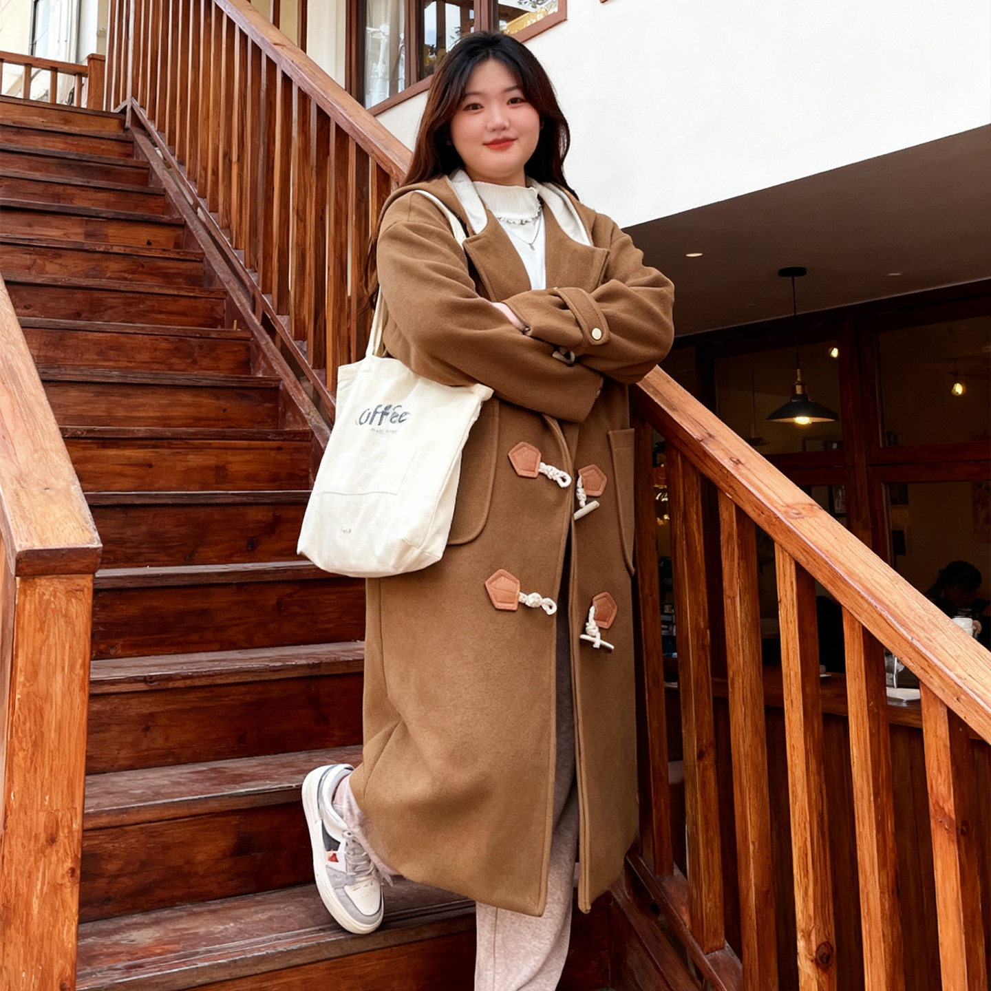 大码胖mm学院风连帽牛角扣毛呢大衣女中长款过膝加厚保暖宽松外套,淘宝优惠券,粉丝福利购,淘宝优惠卷