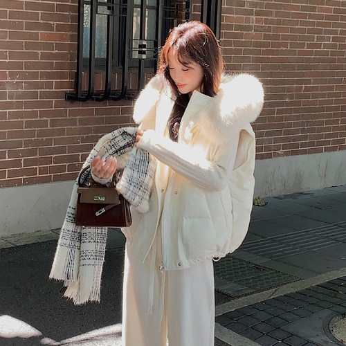 大码女装胖mm慵懒风大毛领连帽棉服马甲女加厚保暖不臃肿棉袄外套 - 图2