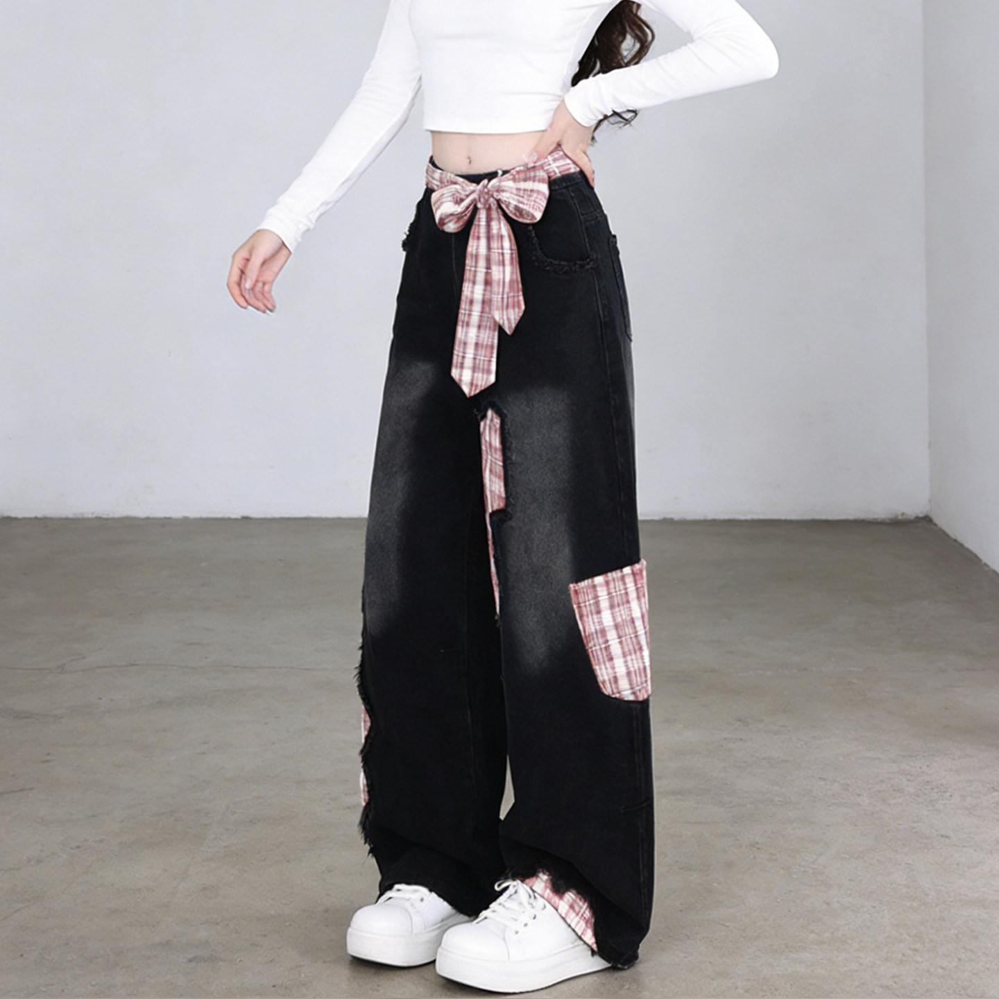 2026春季大码胖mm甜酷少女蝴蝶结绑带格子拼接牛仔裤女显瘦阔腿裤,淘宝优惠券,粉丝福利购,淘宝优惠卷