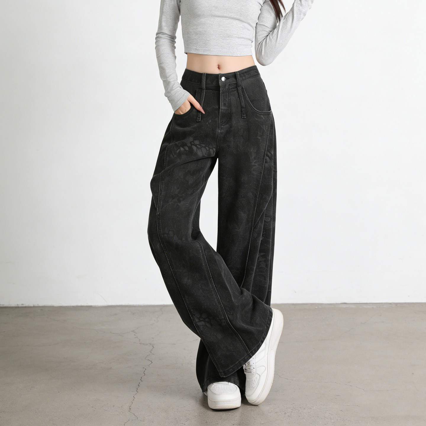 大码胖mm复古辣妹酷飒风高腰阔腿牛仔裤女黑色宽松显瘦直筒拖地裤,淘宝优惠券,粉丝福利购,淘宝优惠卷