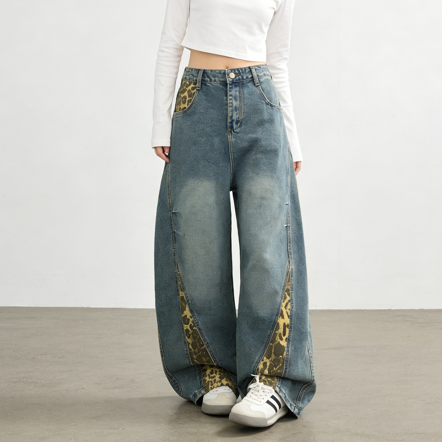 大码胖mm美式复古豹纹拼接牛仔裤女高腰宽松阔腿直筒设计感弯刀裤,淘宝优惠券,粉丝福利购,淘宝优惠卷