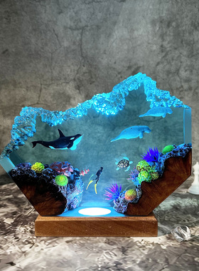 手作海底世界树脂小夜灯氛围灯虎鲸鱼海牛潜水员海龟珊瑚礁摆件