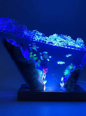 手作海底世界海浪造型海龟水母潜水员树脂实木小夜灯氛围灯摆件