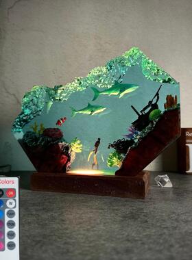手作海底世界海浪大白鲨潜水员沉船环氧树脂小夜灯氛围灯摆件礼物