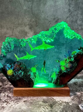 手作海底世界锤头鲨和潜水员树脂海洋小夜灯氛围灯送妈妈礼物摆件