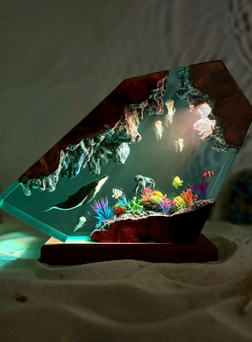 海底世界蓝鲸鱼水母珊瑚洞穴树脂小夜灯氛围灯手工海底创意礼物