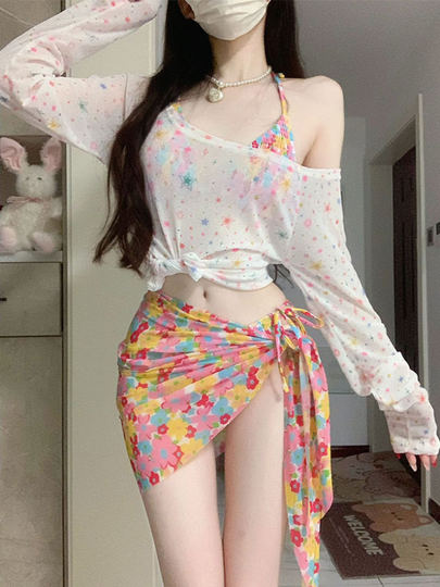 2025新款泳衣女性感比基尼小胸分体三件套海边度假泡温泉罩衫防晒