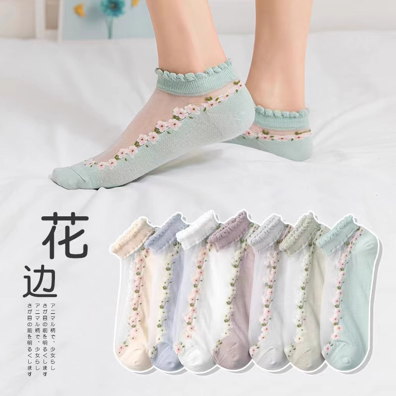 薄款夏季花边水晶船袜透气吸汗短袜春夏薄款袜子女袜子船袜