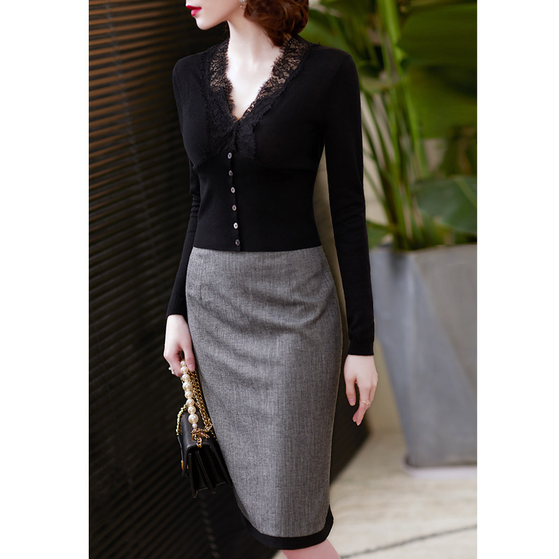 尘颜85支桑蚕丝精梳棉优雅蕾丝v领 尘颜毛针织衫